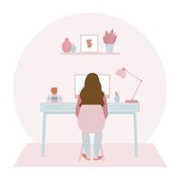 mujer joven que trabaja en la ilustración plana de su oficina en casa vector