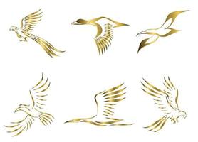 Set of six gold vector images of various birds flying such as pheasant seagull mallard crane hornbill and macaw Good use for symbol mascot icon avatar and logo