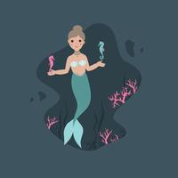 Vector illustration with cute mermaid with her friends couple of seahorses