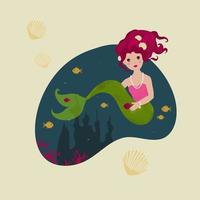 Pretty little mermaid princess with golden fish vector