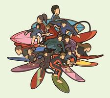 Group of Surfer Male and Female Action Surfing Sport vector
