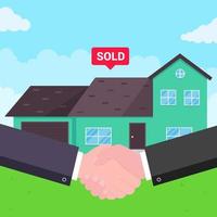 Buying new house on sale Two hands shaking big deal agreement flat style vector illustration New house behind sold for new landlord or houseowner Good partnership and successful deal concept