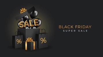 Black friday sale background with beautiful balloons and flying serpentine vector