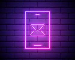 Glowing neon New chat messages notification on phone icon isolated on dark brick wall background Smartphone chatting sms messages speech bubbles Vector Illustration