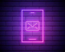 Glowing neon New chat messages notification on phone icon isolated on dark brick wall background Smartphone chatting sms messages speech bubbles Vector Illustration