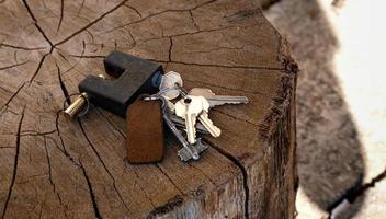 A bunch of keys and a padlock lie on a wooden background photo