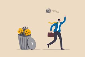 Get rid of work anxiety stressed and unhappiness emotion relax to gain happiness concept happy businessman throw away stressed and anxiety into the bin vector