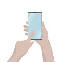 Mobile phone in hands the index finger taps the screen Smartphone isolated on white background Flat design vector illustration