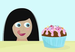 No diet day Vector illustration Young woman wants to eat the cupcake with appetite and pleasure