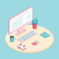 The Isometric Workstation with Computer Flat Illustration vector