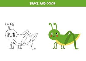 Trace and color cute green grasshopper Worksheet for kids vector