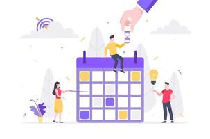 personajes de personas pequeñas que trabajan juntos con el horario del calendario y completan la tarea en el horario de la semana vector