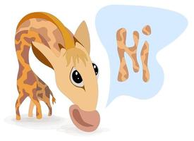 Vector image of a giraffe in an awkward pose greeting with a word located next to it in a cloud and having the color of a giraffe