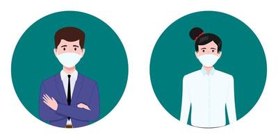 Cute young businessman and businesswoman character avatar wearing business outfit and facial mask vector