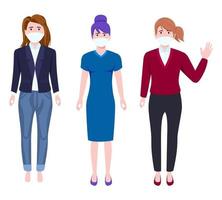 Cute young businesswoman character team wearing business outfit and facial mask vector