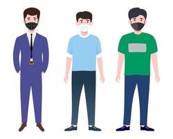 Happy cute businessman characters team set wearing business outfit and facial mask standing posing vector