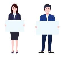 Happy cute businessman and businesswoman character wearing business outfit standing with placard together vector