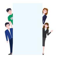 Happy young businessman and businesswoman character standing behind placard blank presentation board and waving posing vector