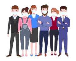 Happy cute businessman and businesswoman characters team set wearing business outfit and facial mask standing posing vector