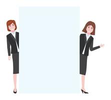 Happy young businesswoman characters standing behind placard blank presentation board and waving vector