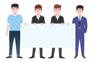 Businessman characters wearing business outfit standing with rectangle shape placard together and posing vector