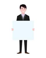 Happy cute businessman character wearing business outfit standing with placard vector