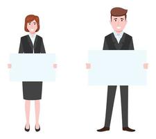 Happy cute businessman and businesswoman character wearing business outfit standing with placard together vector