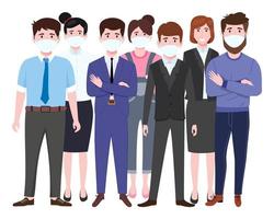 Happy cute businessman and businesswoman characters team set wearing business outfit and facial mask standing posing isolated on white background vector