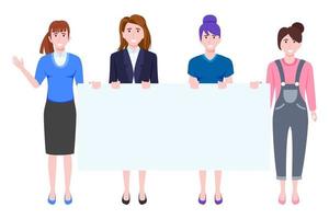 Businesswoman characters wearing business outfit standing with rectangle shape placard together vector