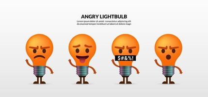 Set of cute angry lightbulb characters on white background vector