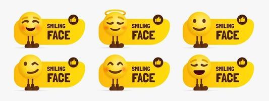 Cute emoji characters standing with text label Set of happy face emotional vector