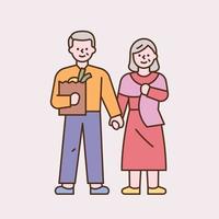 las parejas mayores se toman de la mano y hacen compras. Ilustración de vector mínimo de estilo de diseño plano.