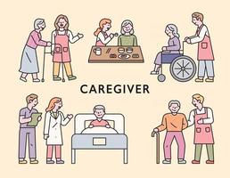 Various duties of the elderly and nurses in nursing homes. flat design style minimal vector illustration.