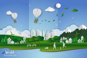 concepto de eco amigable salvar el mundo y el medio ambiente niños jugando al fútbol con ciudad blanca limpia en papel escena de arte resumen antecedentes vector