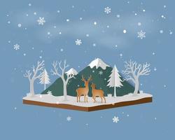 paisaje isométrico con familia de ciervos en invierno, nieve y montaña, feliz año nuevo y feliz navidad, arte en papel y estilo artesanal vector