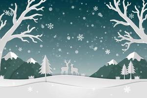 Paper art landscape with deer family and snowflakes in the forest icons of winter season abstract background vector