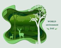 Eco friendly save the environment conservation concept deer family silhouettes in forest landscape abstract paper art scene in depth layer background vector