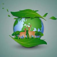 Concept of eco friendly save the environment conservation deer family standing on leaf shape abstract background paper art and craft design vector