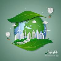 Paper art design of eco friendly and save the environment conservation concept clean city on leaf shape abstract background vector