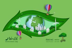 Green eco friendly save the world and environment concept paper art and craft design with leaf shape background vector