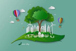 Save the environment conservation ecology concept family happy and relax with green nature white paper art building on leaf shape abstract background vector