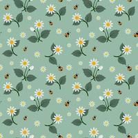 White flowers seamless pattern with ladybug on soft green background vector