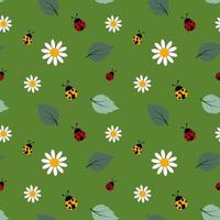 White flowers seamless repeat pattern with ladybug on green background design for fabric textile cover print or wrapping paper vector