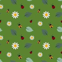 White flowers seamless repeat pattern with ladybug on green background design for fabric textile cover print or wrapping paper vector