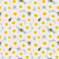 Cute pastel flowers seamless repeat pattern with ladybug on soft green background vector