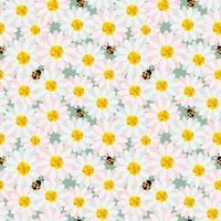 Cute pastel flowers seamless repeat pattern with ladybug on soft green background vector