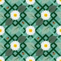 Patrón de repetición sin costuras de flores blancas con mariquita en un diseño geométrico de color pastel para impresión textil de tela o papel de regalo vector