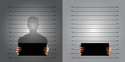 Police background measuring lines mugshot in international decimal standard and banner on two hands vector