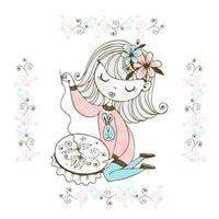 A cute girl is engaged in needlework and embroidery a beautiful pattern on a Hoop Vector