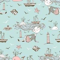 Seamless pattern on the theme of summer and the sea with cute girls on the beach Vector